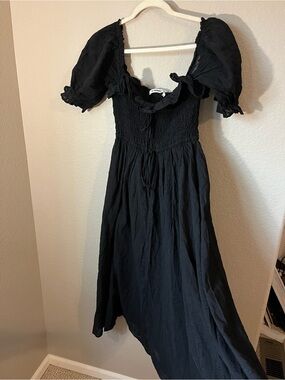 Black Swiss Dot Smocked Maxi Dress S Puff Sleeve Cottagecore whimsigoth coquette